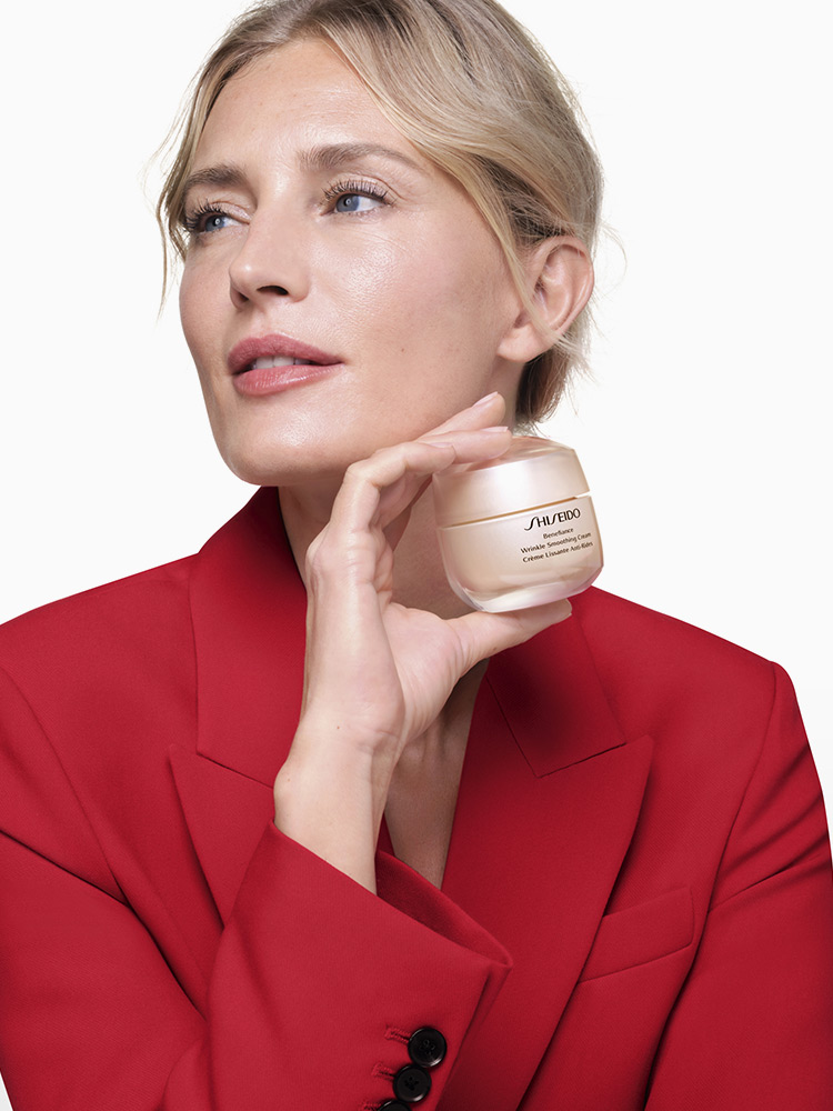 Shiseido Benefiance Wrinkle Smoothing Cream with a Shiseido model